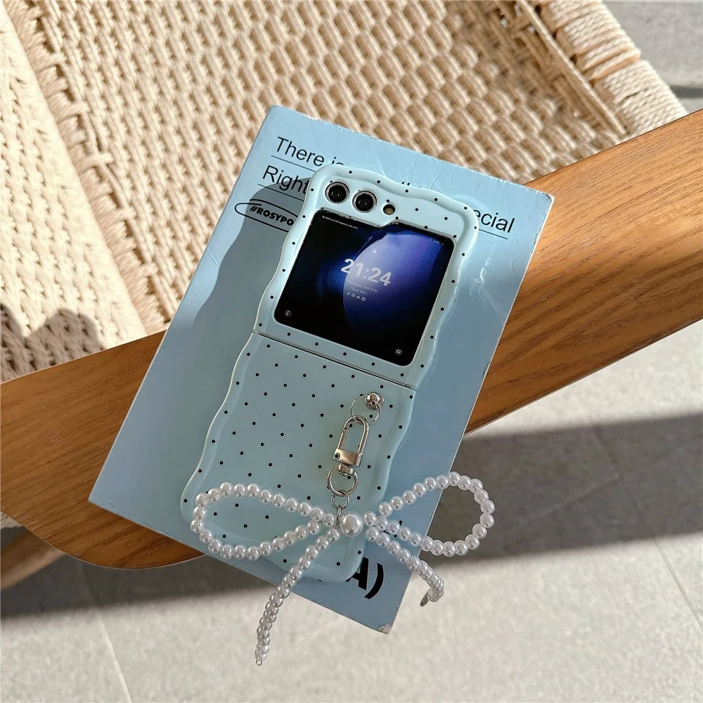 For Samsung Galaxy Z Flip5 5G Case TPU Folding Phone Cover with Pearls Bowknot Pendant - Blue+Black Dot - 2