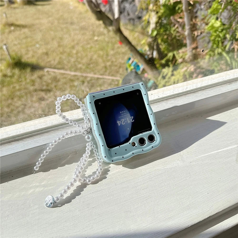 For Samsung Galaxy Z Flip5 5G Case TPU Folding Phone Cover with Pearls Bowknot Pendant - Blue+Black Dot - 3