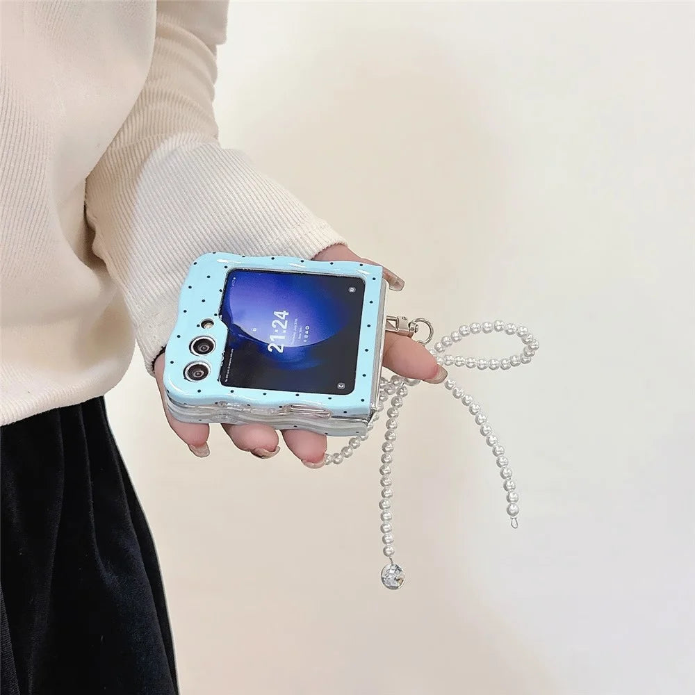 For Samsung Galaxy Z Flip5 5G Case TPU Folding Phone Cover with Pearls Bowknot Pendant - Blue+Black Dot - 4