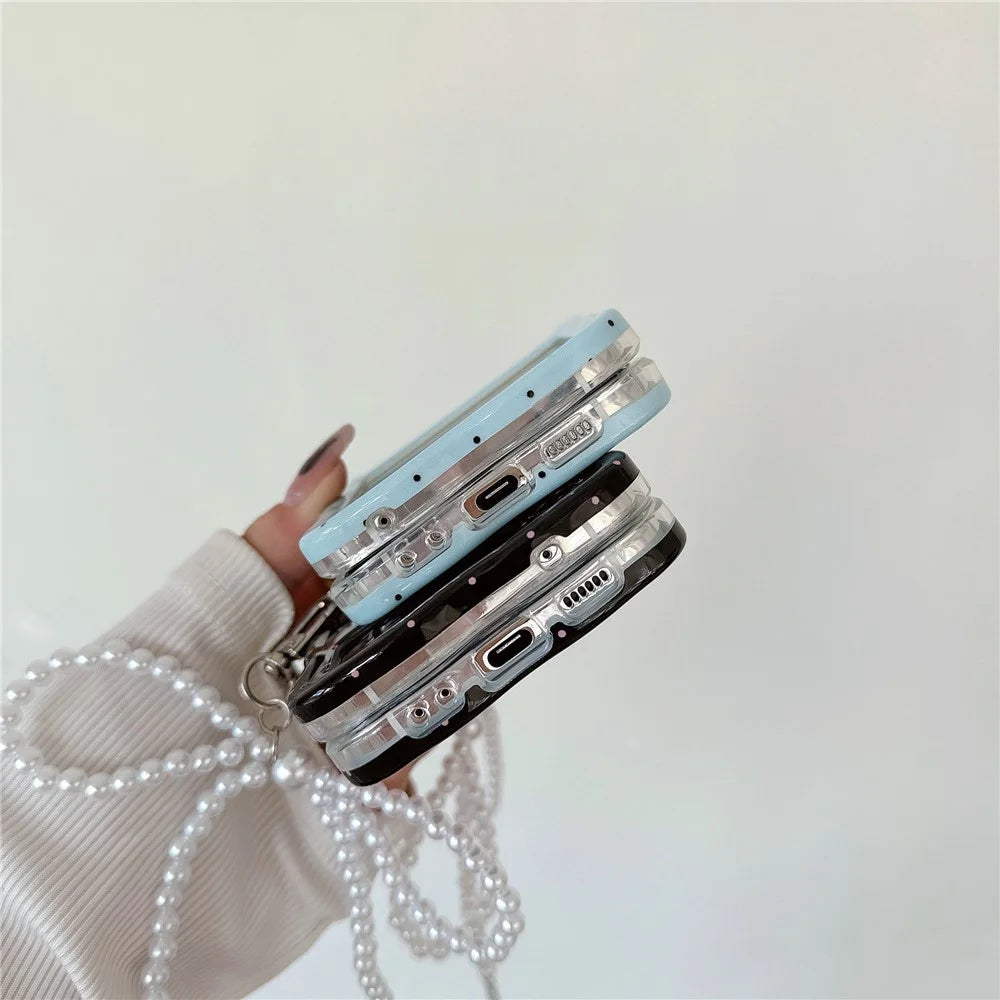 For Samsung Galaxy Z Flip5 5G Case TPU Folding Phone Cover with Pearls Bowknot Pendant - Blue+Black Dot - 5