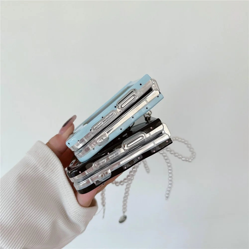 For Samsung Galaxy Z Flip5 5G Case TPU Folding Phone Cover with Pearls Bowknot Pendant - Blue+Black Dot - 6