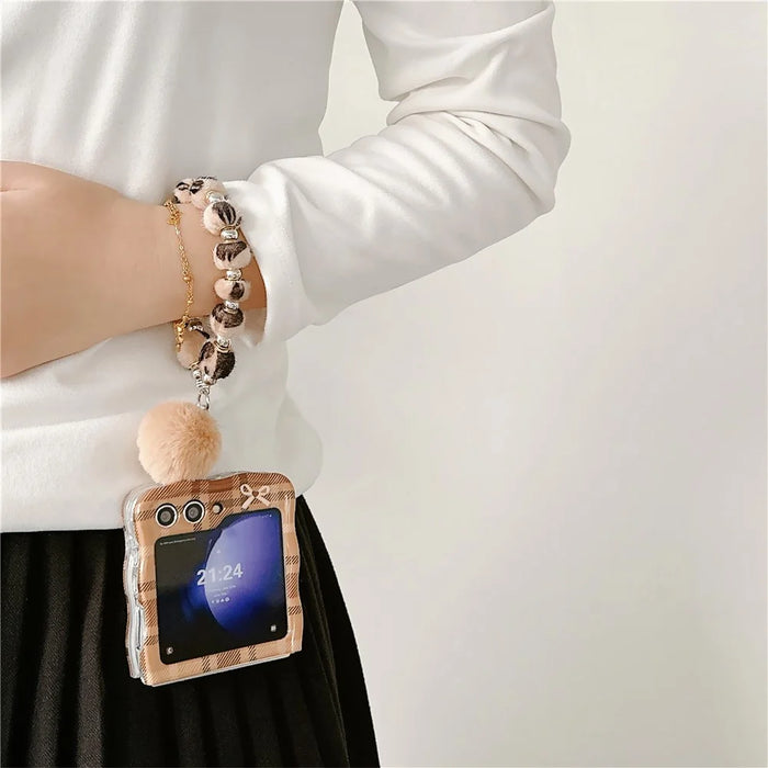 For Samsung Galaxy Z Flip5 5G Case IMD Plaid Bowknot Pattern TPU Cover with Plush Hand Strap - 2