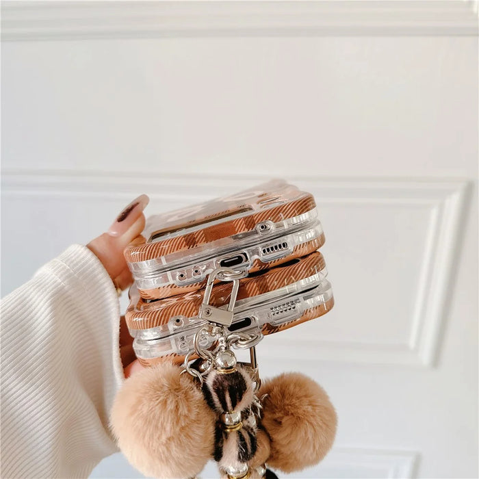 For Samsung Galaxy Z Flip5 5G Case IMD Plaid Bowknot Pattern TPU Cover with Plush Hand Strap - 6