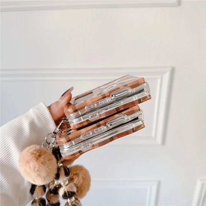 For Samsung Galaxy Z Flip5 5G Case IMD Plaid Bowknot Pattern TPU Cover with Plush Hand Strap - 7