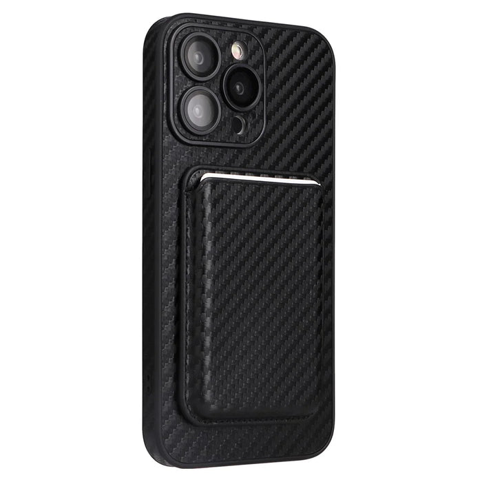 For iPhone 14 Pro Max Card Holder Case Compatible with MagSafe Carbon Fiber PU+PC+TPU Phone Case - 1