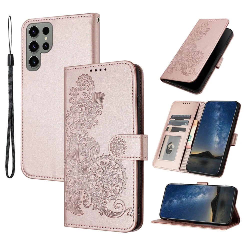 For Samsung Galaxy S24 Ultra Phone Cases Mandala Flower Leather Wallet Mobile Cover with Strap - Rose Gold - 1