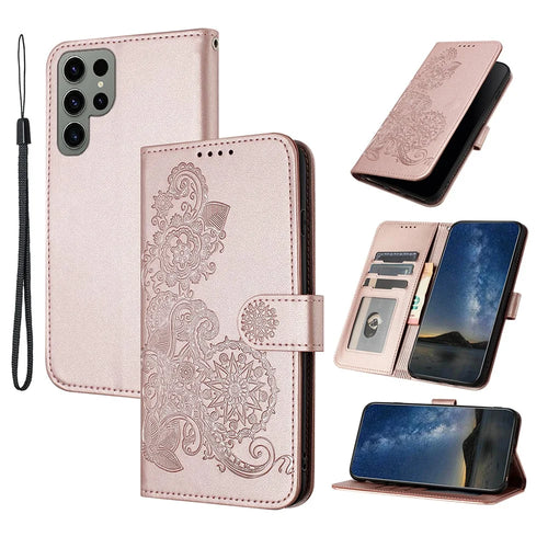 For Samsung Galaxy S24 Ultra Phone Cases Mandala Flower Leather Wallet Mobile Cover with Strap - Rose Gold - 1