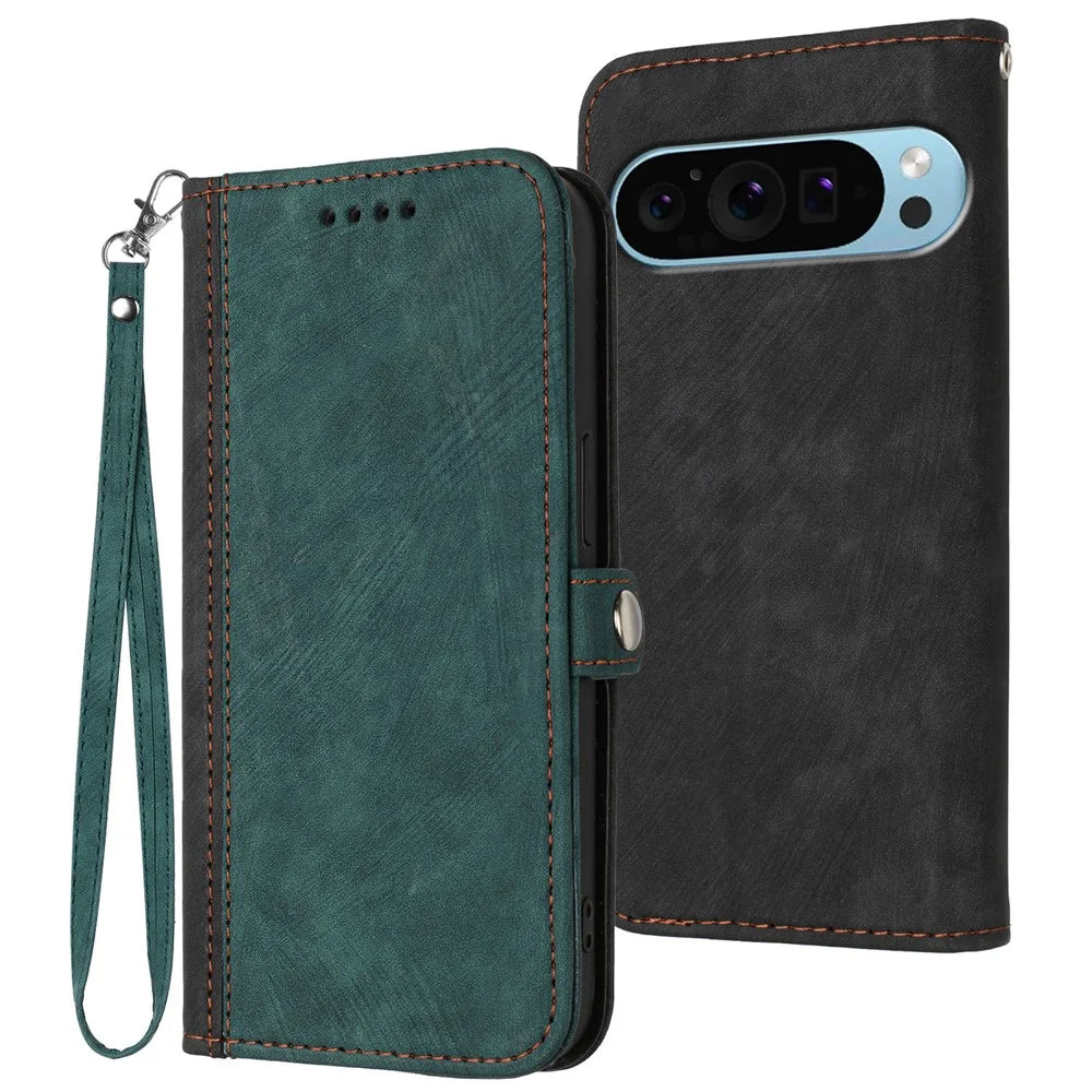 YX0020 For Google Pixel 9 Pro XL Protective Case PU Leather Wallet Phone Cover with Strap - Blackish Green - 1