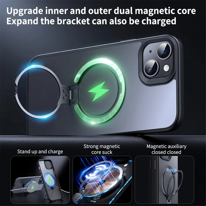 For iPhone 15 Case Dual Magnet Rings TPU+PC Phone Back Cover Kickstand Shell Compatible with MagSafe - Black - 4