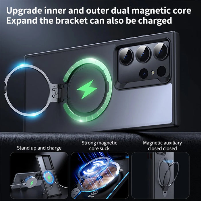 For Samsung Galaxy S24 Ultra Phone Case Magnetic Ring Kickstand Anti-shock Cover Magnetic Case - Black - 4