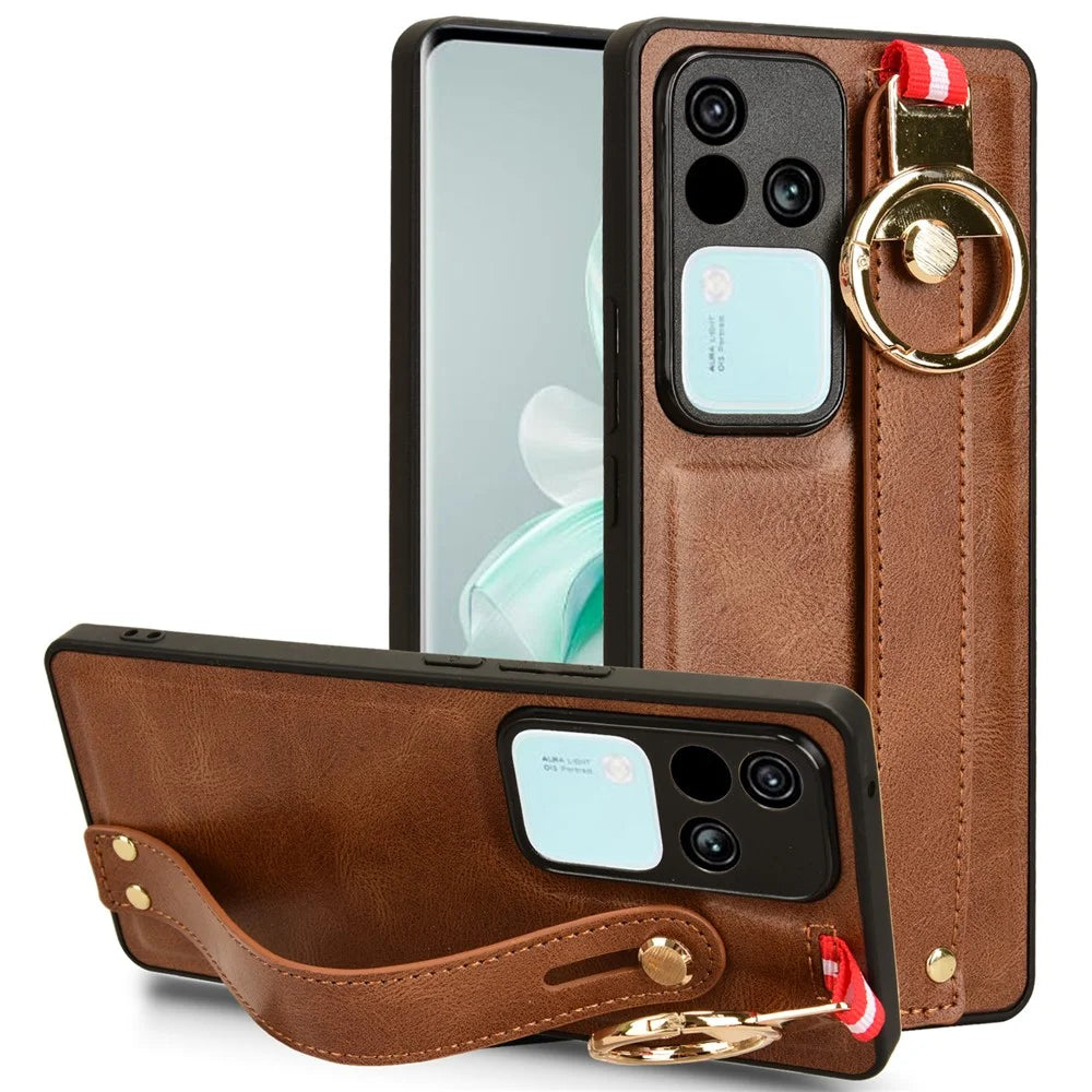 For vivo S18 5G / V30 5G Cell Phone Case PU Leather+PC+TPU Wristband Kickstand Protection Cover - Brown - 1