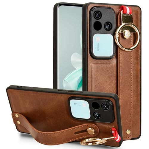 For vivo S18 5G / V30 5G Cell Phone Case PU Leather+PC+TPU Wristband Kickstand Protection Cover - Brown - 1