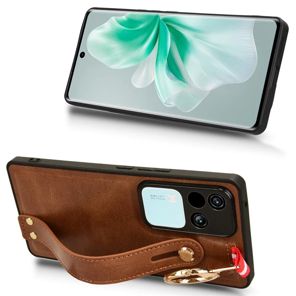 For vivo S18 5G / V30 5G Cell Phone Case PU Leather+PC+TPU Wristband Kickstand Protection Cover - Brown - 3