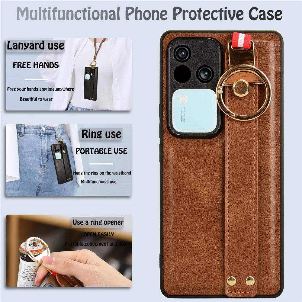 For vivo S18 5G / V30 5G Cell Phone Case PU Leather+PC+TPU Wristband Kickstand Protection Cover - Brown - 5