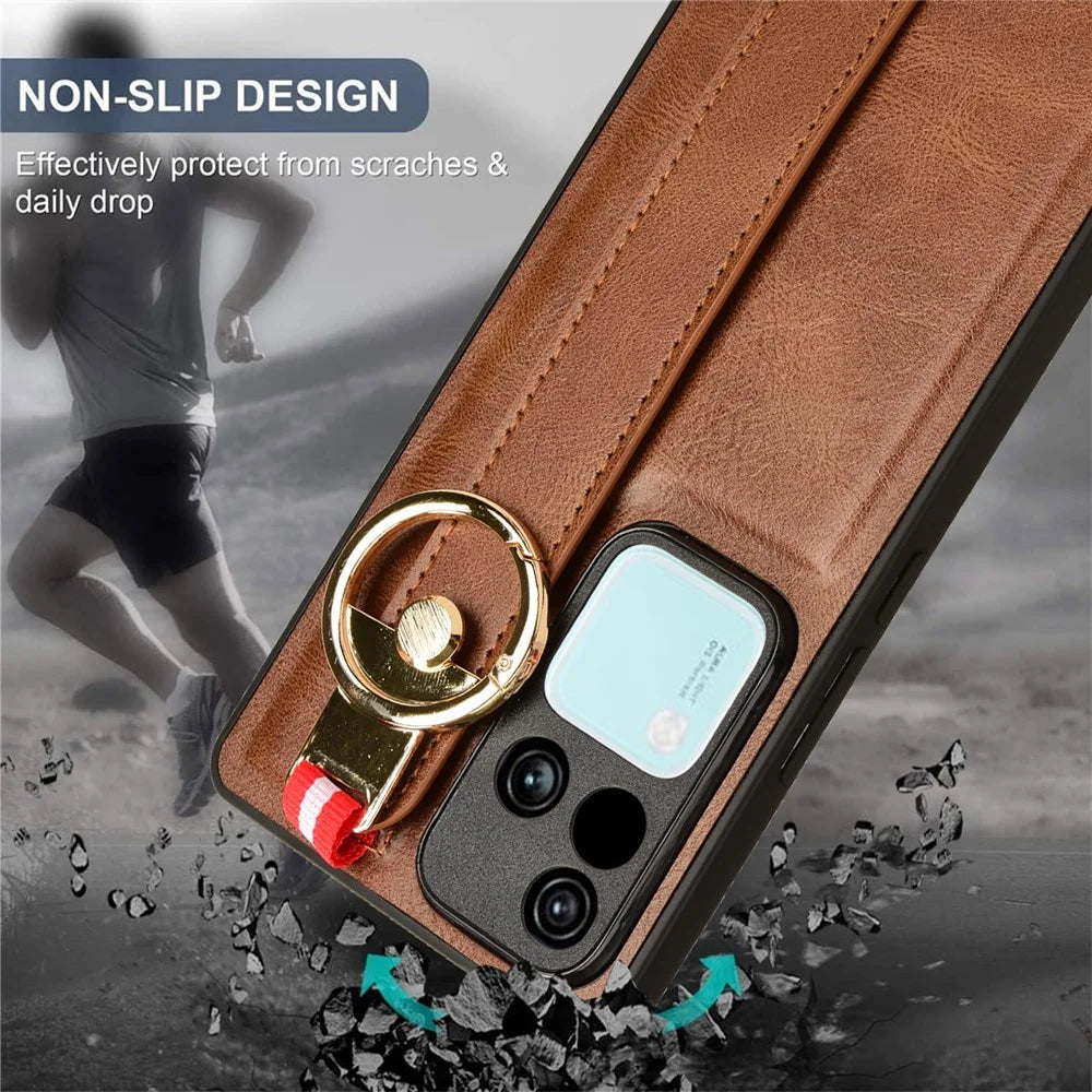 For vivo S18 5G / V30 5G Cell Phone Case PU Leather+PC+TPU Wristband Kickstand Protection Cover - Brown - 6