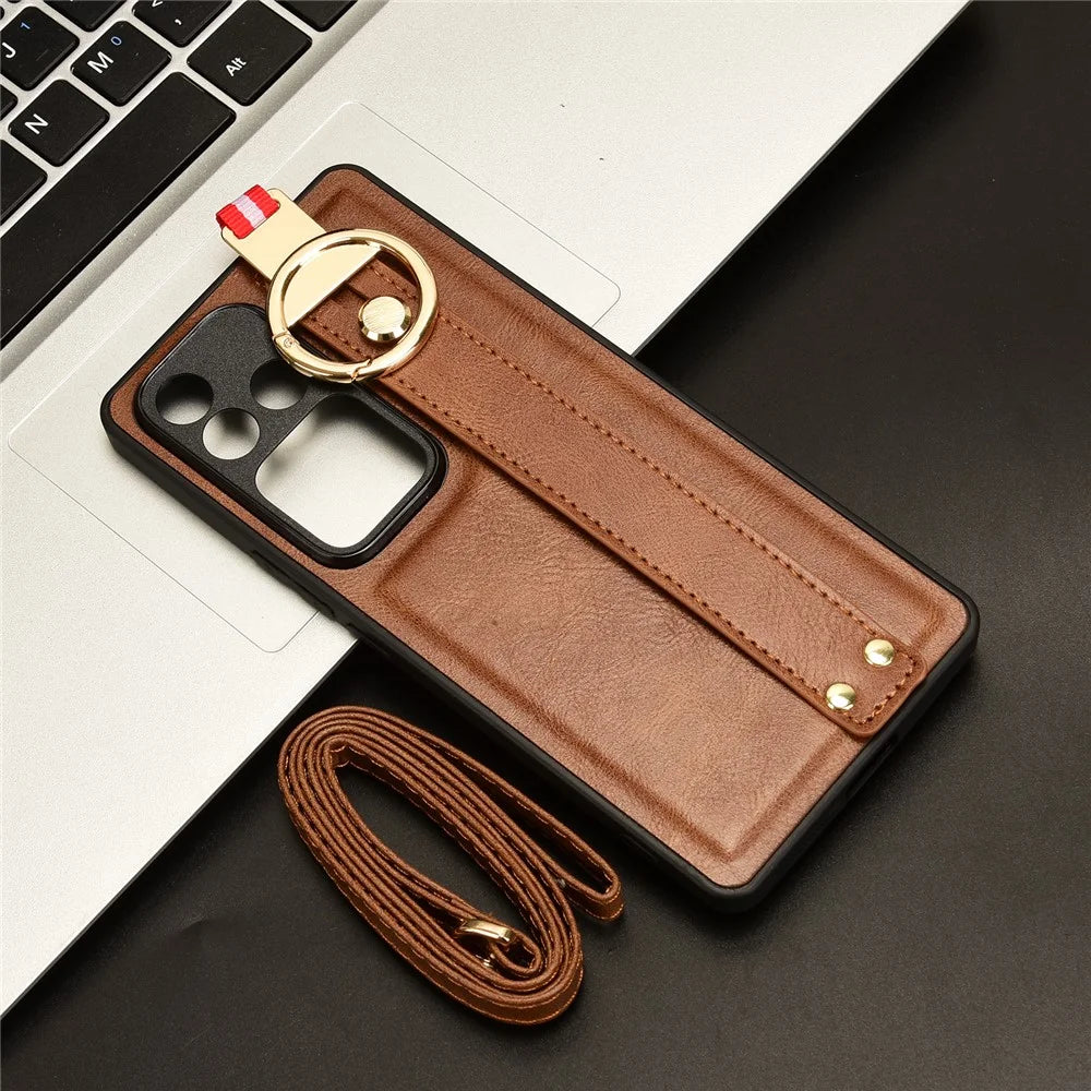 For vivo S18 5G / V30 5G Cell Phone Case PU Leather+PC+TPU Wristband Kickstand Protection Cover - Brown - 7