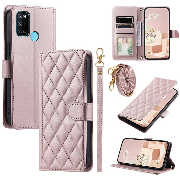 For Realme 7i (Global) / C17 Crossbody Case Rhombus Pattern Stand Function Leather Phone Cover - Rose Gold - 1