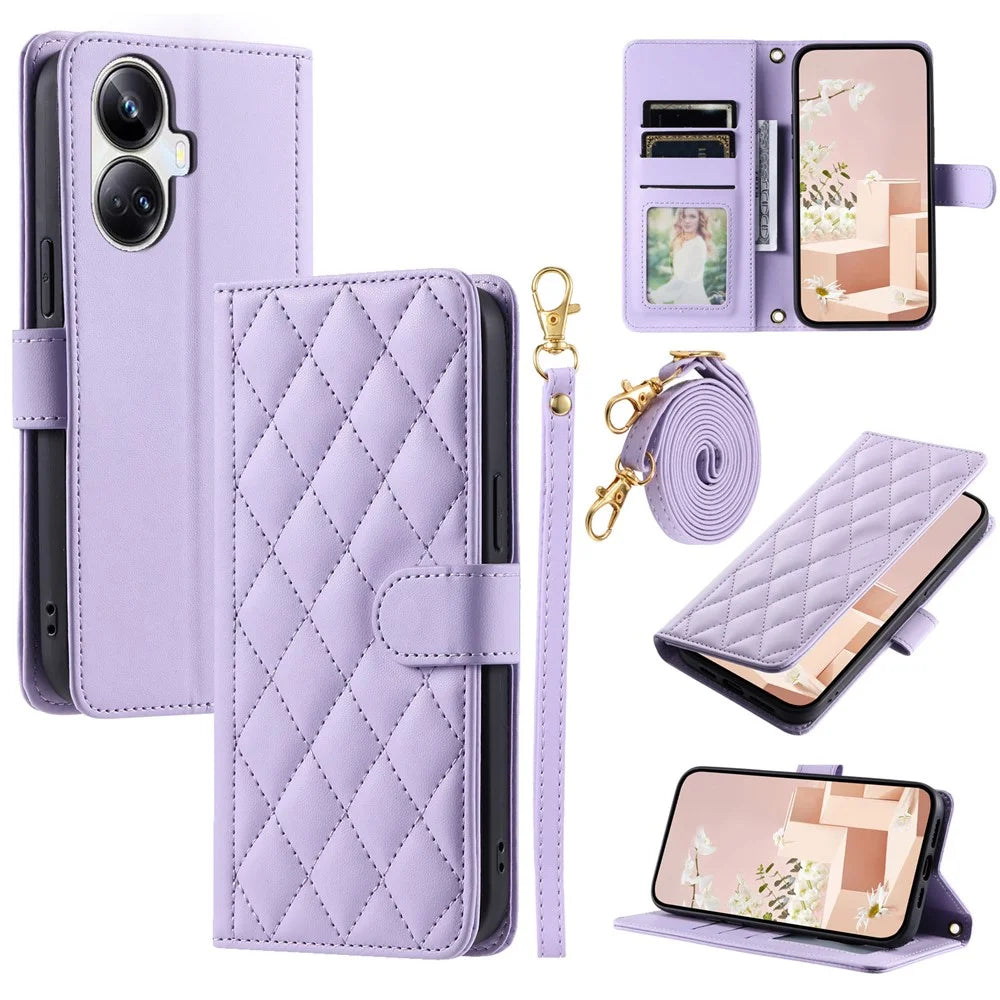 For Realme 10 Pro+ 5G Crossbody Lanyard Case PU Leather Rhombus Grid Phone Cover Purse - Purple - 1