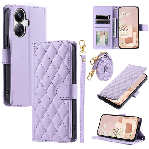 For Realme 10 Pro+ 5G Crossbody Lanyard Case PU Leather Rhombus Grid Phone Cover Purse - Purple - 1