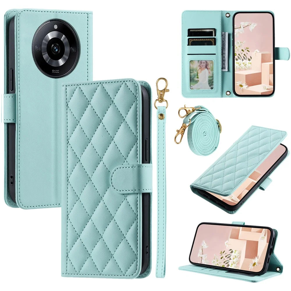 For Realme 11 Pro 5G / 11 Pro+ 5G Case Flip Wallet Rhombus Grid Leather Phone Cover with 2 Straps - Mint Green - 1