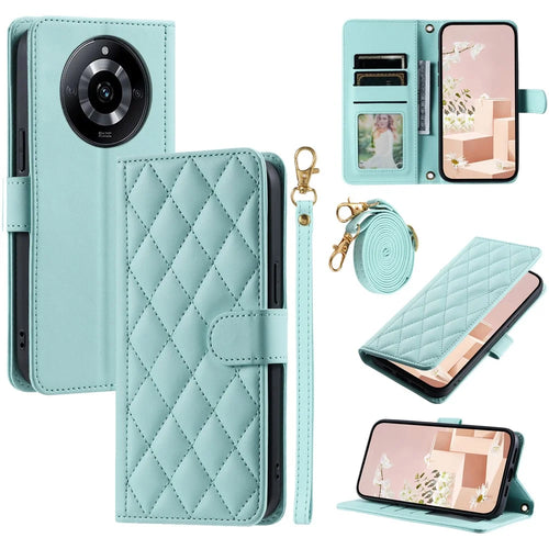 For Realme 11 Pro 5G / 11 Pro+ 5G Case Flip Wallet Rhombus Grid Leather Phone Cover with 2 Straps - Mint Green - 1