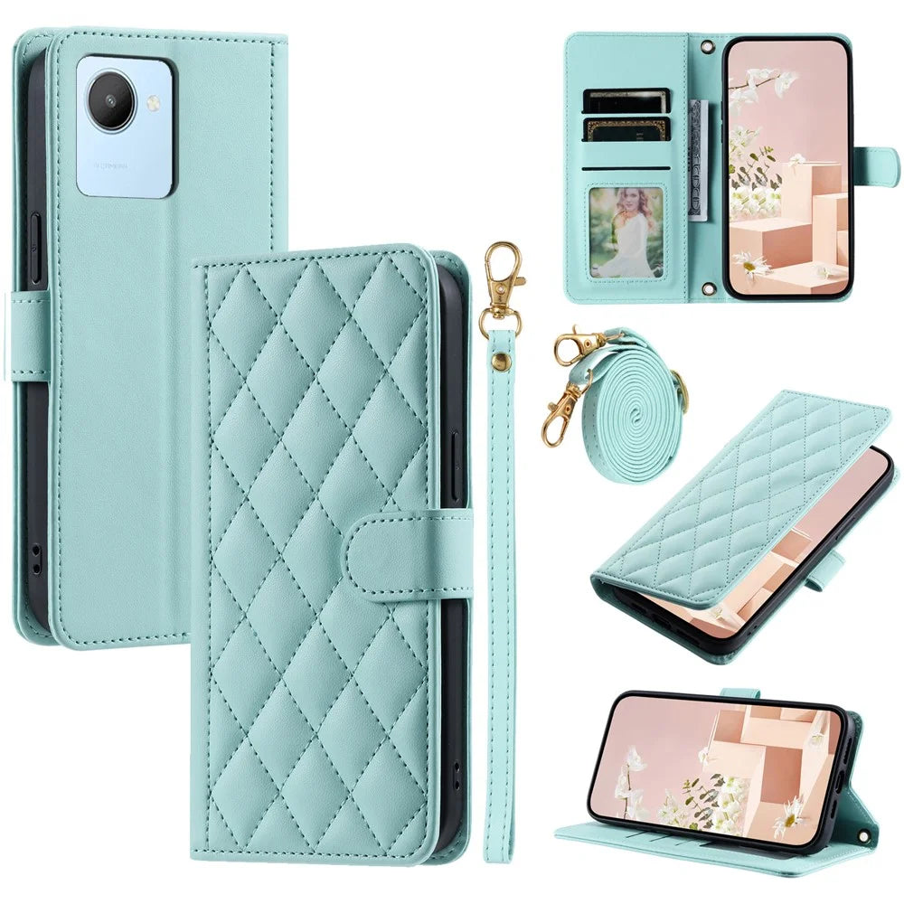 For Realme C30 4G / C30s 4G Phone Case Rhombus Grid PU Leather Flip Cover with Straps - Mint Green - 1