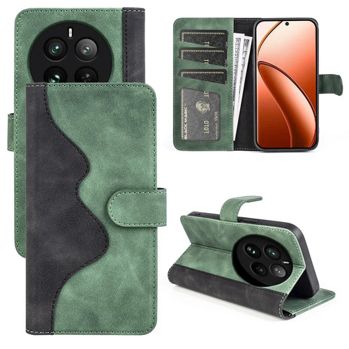 For Realme 12 Pro 5G / 12 Pro+ 5G Wallet Phone Case PU Leather Color Splicing Shockproof Cover - Green - 1