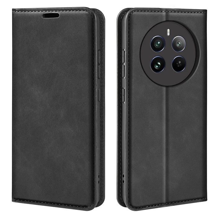 For Realme 12 4G / 12+ 5G Case Wallet PU Leather Stand Phone Cover Magnetic Auto Closing - Black - 1