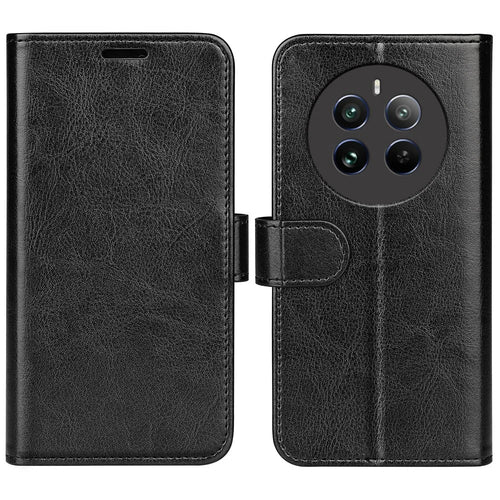 For Realme 12 4G / 12+ 5G Case Crazy Horse Texture PU Leather Wallet Flip Phone Cover - Black - 1