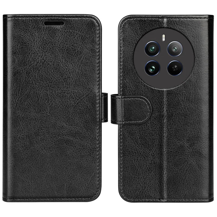 For Realme 12 4G / 12+ 5G Case Crazy Horse Texture PU Leather Wallet Flip Phone Cover - Black - 1