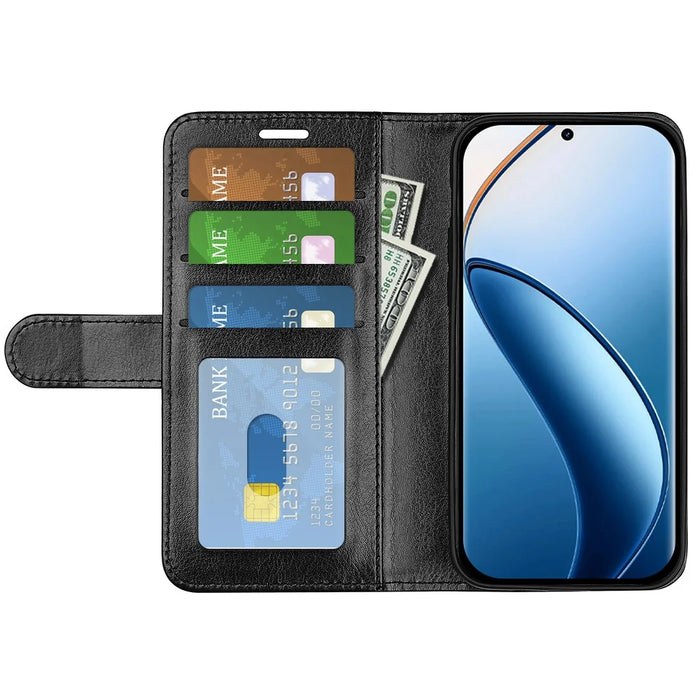 For Realme 12 4G / 12+ 5G Case Crazy Horse Texture PU Leather Wallet Flip Phone Cover - Black - 2