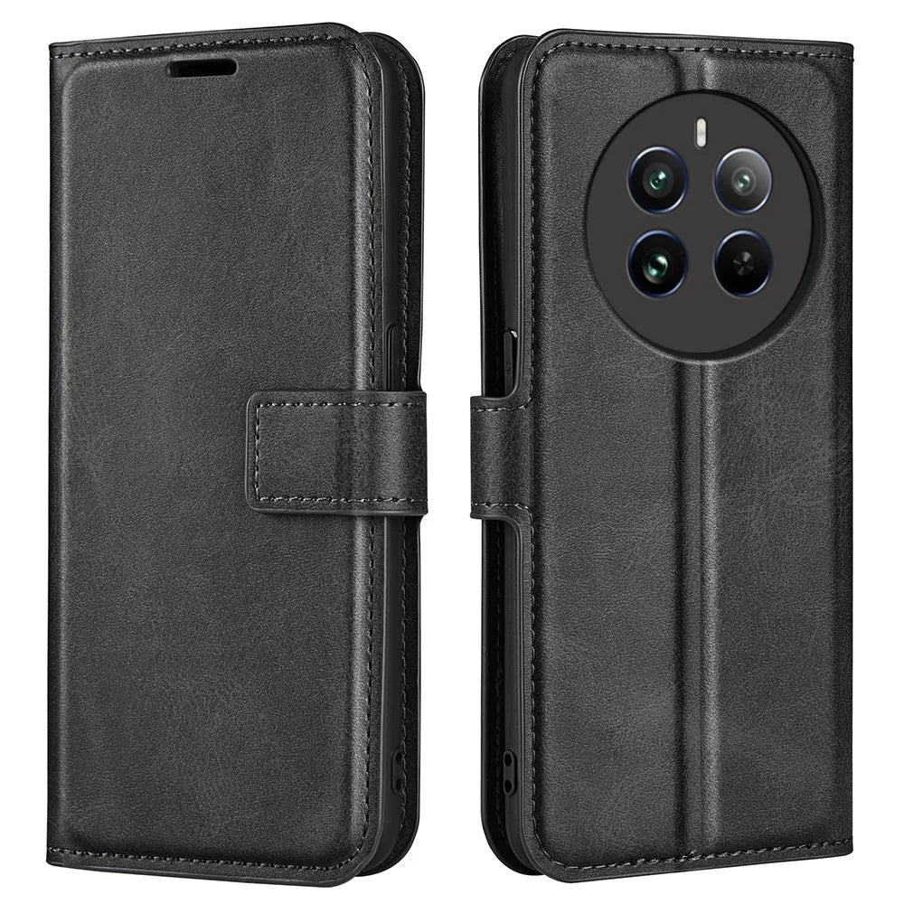 For Realme 12 4G / 12+ 5G Leather Case Calf Texture Phone Wallet Cover - Black - 1