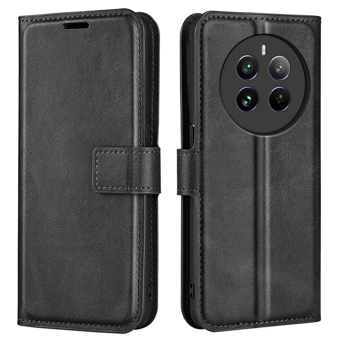 For Realme 12 4G / 12+ 5G Leather Case Calf Texture Phone Wallet Cover - Black - 1