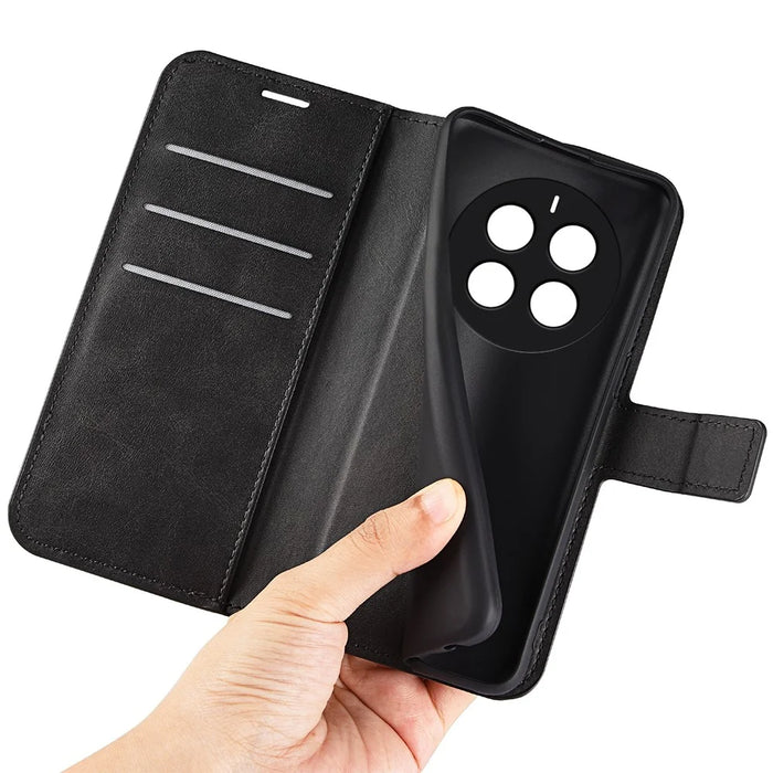For Realme 12 4G / 12+ 5G Leather Case Calf Texture Phone Wallet Cover - Black - 5