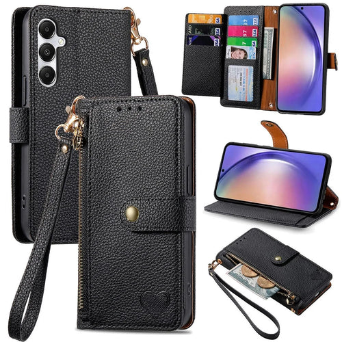 For Samsung Galaxy A55 5G Case Zipper Wallet PU Leather Phone Cover with Hand Strap - Black - 1