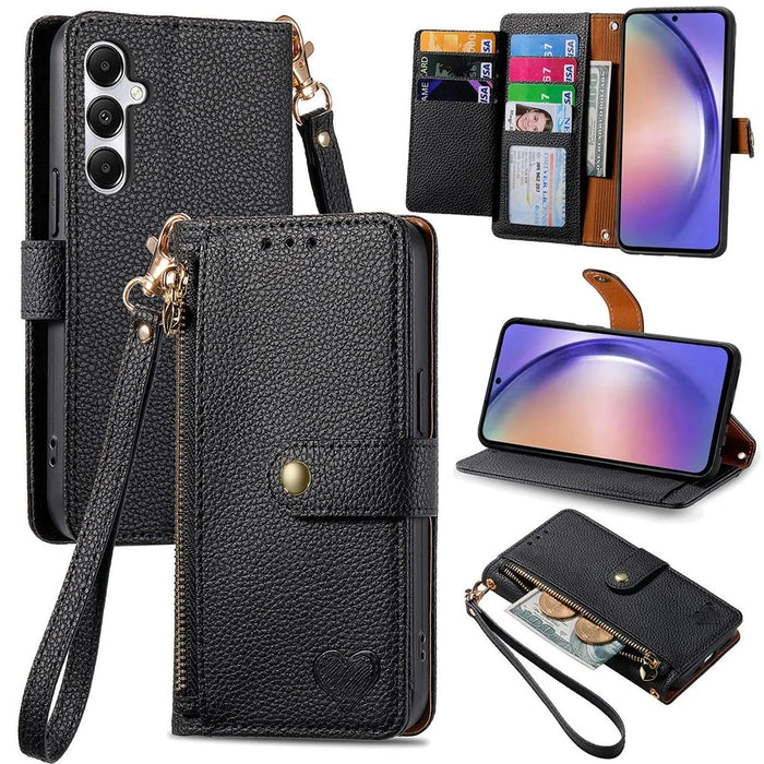 For Samsung Galaxy A55 5G Case Zipper Wallet PU Leather Phone Cover with Hand Strap - Black - 1
