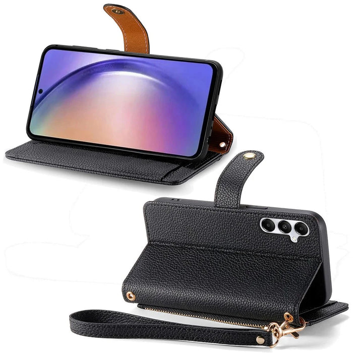 For Samsung Galaxy A55 5G Case Zipper Wallet PU Leather Phone Cover with Hand Strap - Black - 3