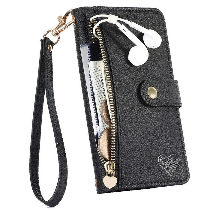For Samsung Galaxy A55 5G Case Zipper Wallet PU Leather Phone Cover with Hand Strap - Black - 4