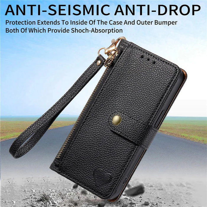 For Samsung Galaxy A55 5G Case Zipper Wallet PU Leather Phone Cover with Hand Strap - Black - 5