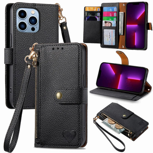 For iPhone 13 Pro Case RFID Blocking Zipper Leather Phone Cover with Wallet Card Slots - Black - 1