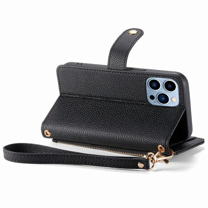 For iPhone 13 Pro Case RFID Blocking Zipper Leather Phone Cover with Wallet Card Slots - Black - 3