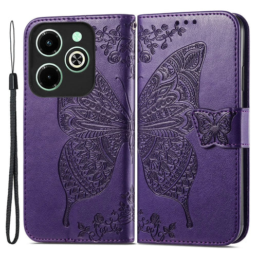 For Infinix Hot 40i Case Butterfly Imprinted Phone Cover with Hand Strap - Dark Purple - 1