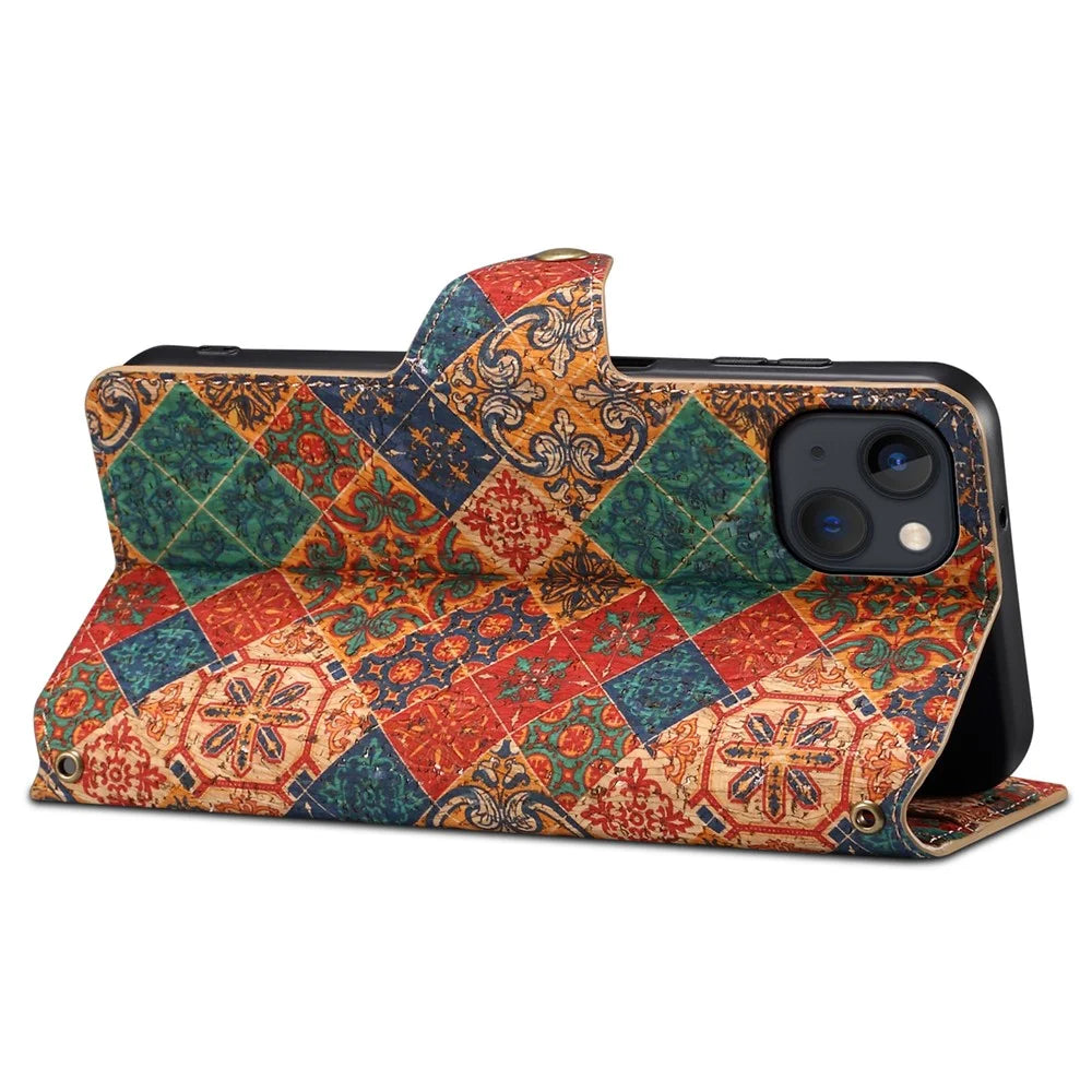 For iPhone 15 Leather Case Folding Stand Wallet Phone Cover Flower Printing - Winter / Blue - 3