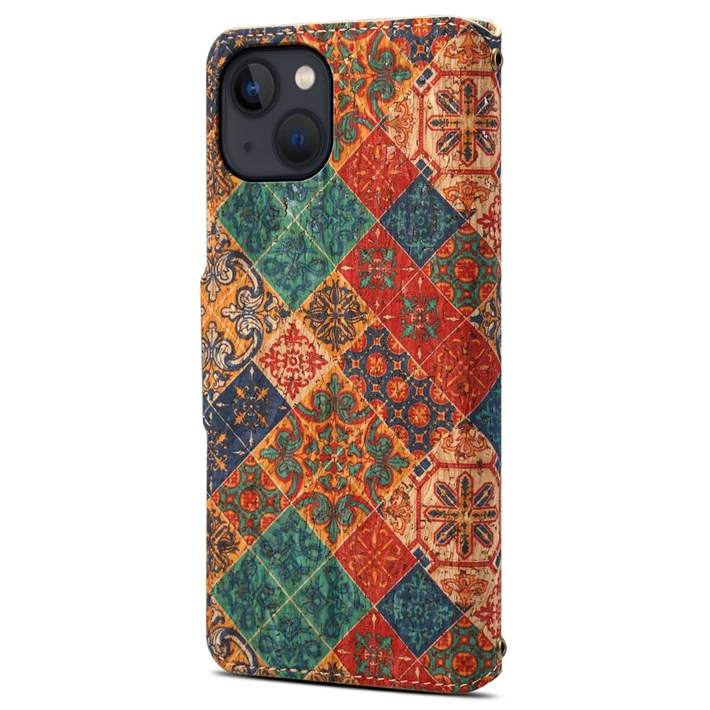 For iPhone 15 Leather Case Folding Stand Wallet Phone Cover Flower Printing - Winter / Blue - 6