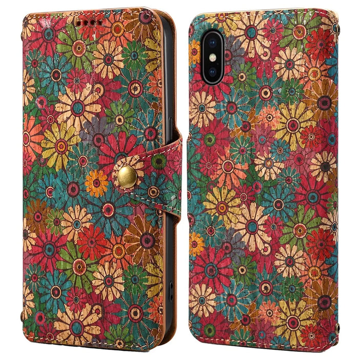 For iPhone X / XS Case Leather Wallet Phone Cover Seasonal Flower Printing - Spring / Green - 1