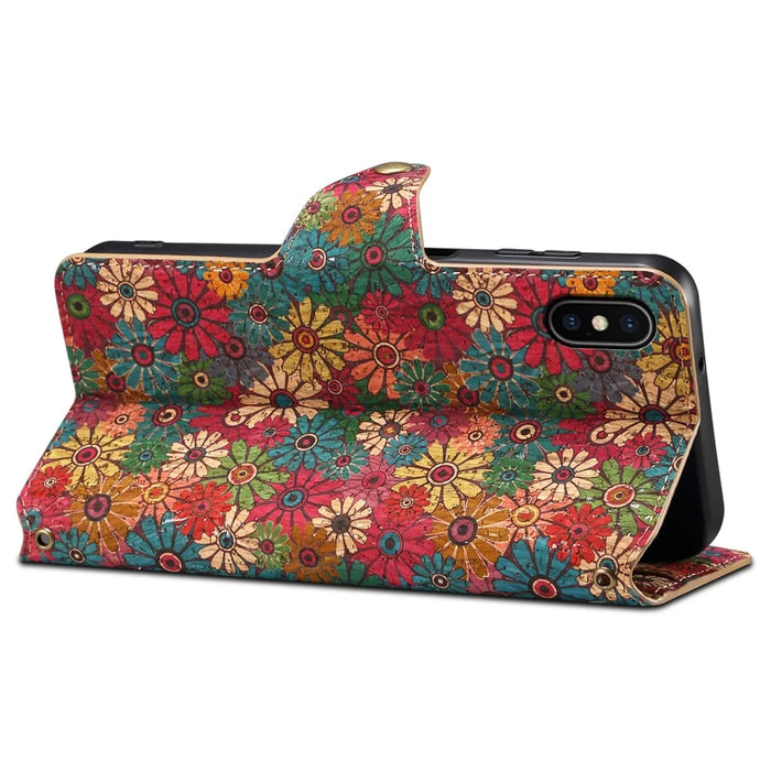 For iPhone X / XS Case Leather Wallet Phone Cover Seasonal Flower Printing - Spring / Green - 3