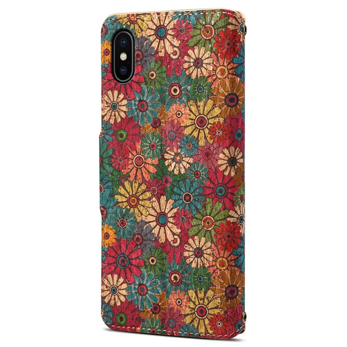 For iPhone X / XS Case Leather Wallet Phone Cover Seasonal Flower Printing - Spring / Green - 6