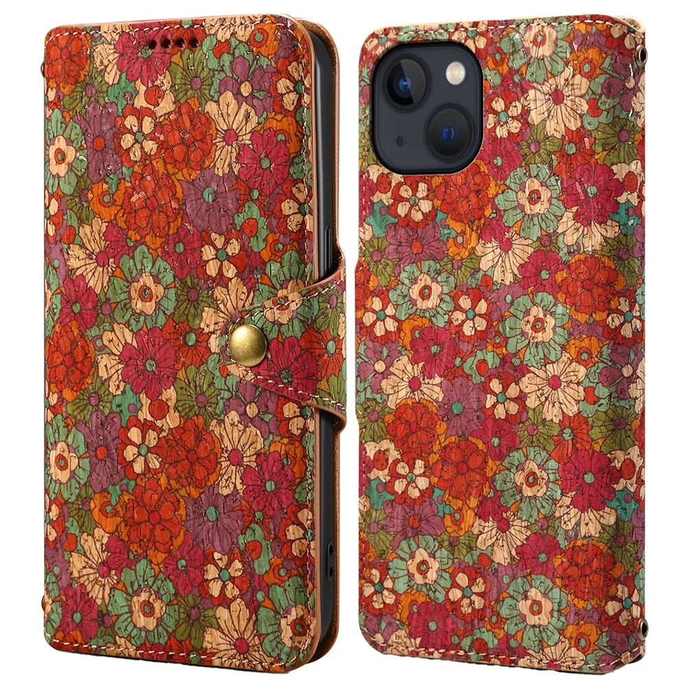 For iPhone 14 Plus Wallet Case Seasonal Flower Printing Phone Leather Cover - Summer / Red - 1