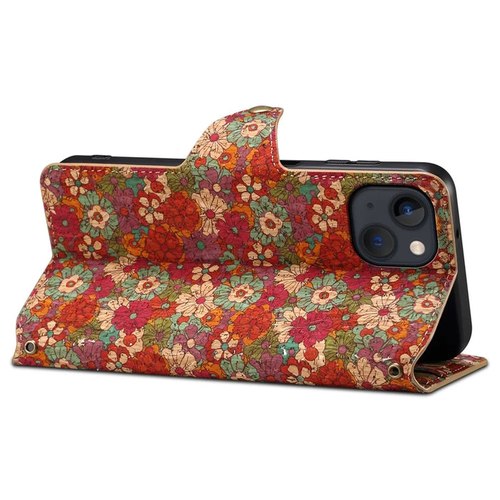 For iPhone 14 Plus Wallet Case Seasonal Flower Printing Phone Leather Cover - Summer / Red - 3