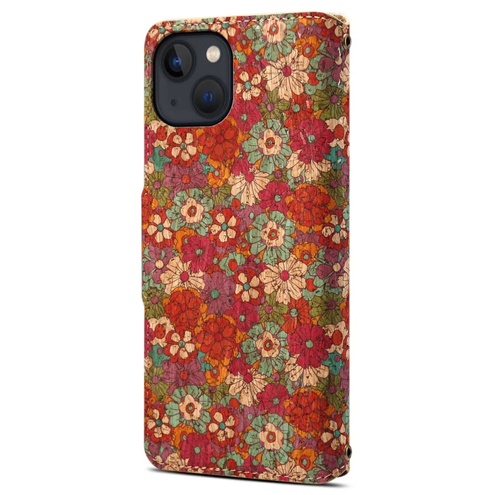 For iPhone 14 Plus Wallet Case Seasonal Flower Printing Phone Leather Cover - Summer / Red - 6
